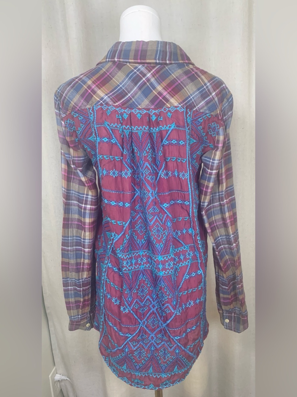Johnny Was Plaid Embroidered Back Flannel Button Down Shirt | Oversized
